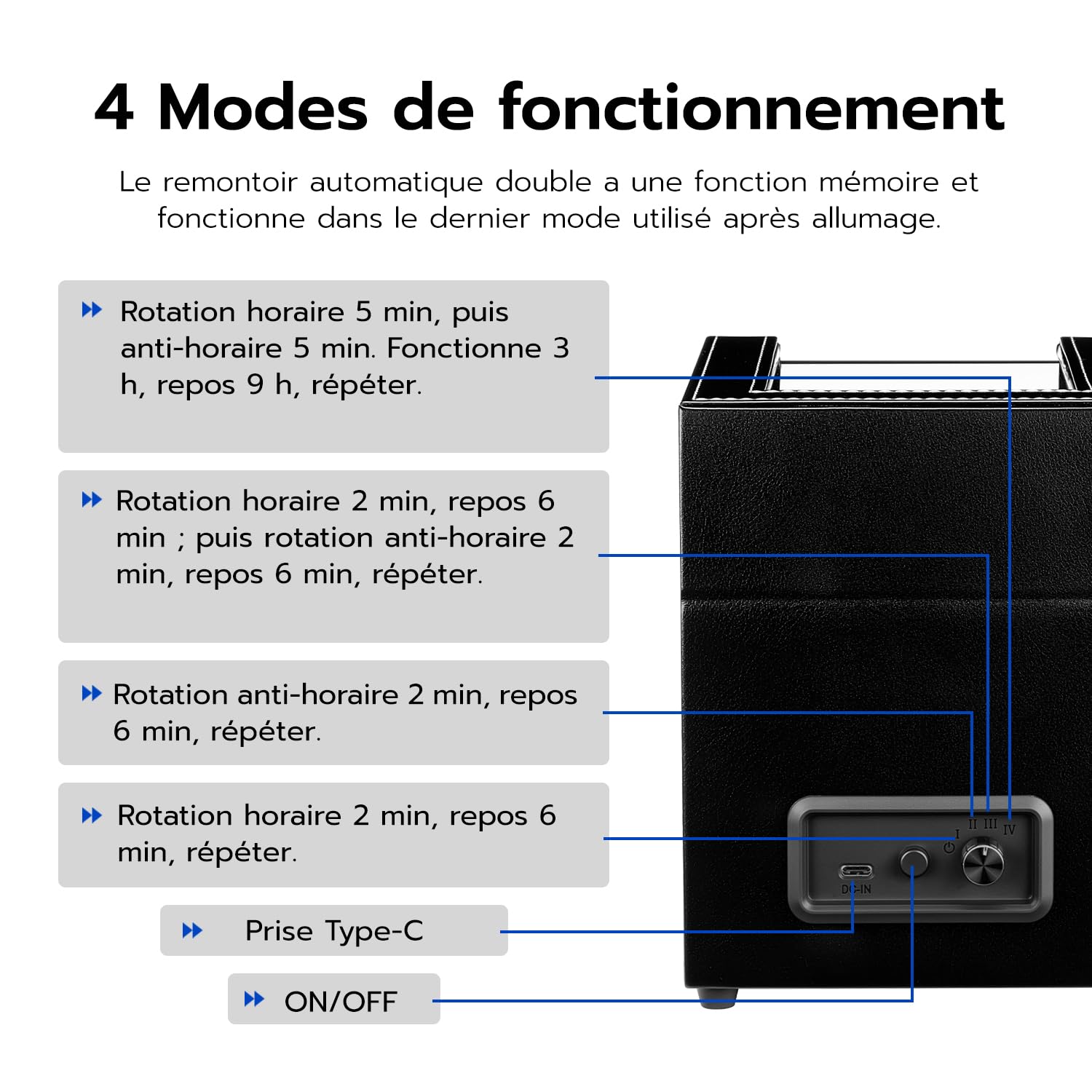 Mcbazel Double Remontoir de Montre, Boîte à Montre à Double Position en Cuir PU, 5 Modes de Rotation Automatique, Boîte de Rangement avec Chargement USB et Lumière LED Bleue – Noire