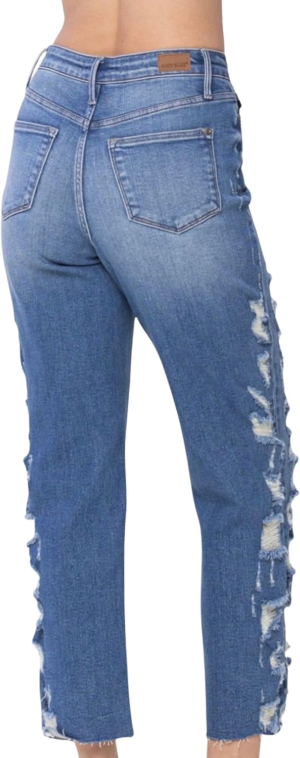 Judy Blue Women's High Rise Heavy Destroy Side Seam Cropped Straight Leg Jeans