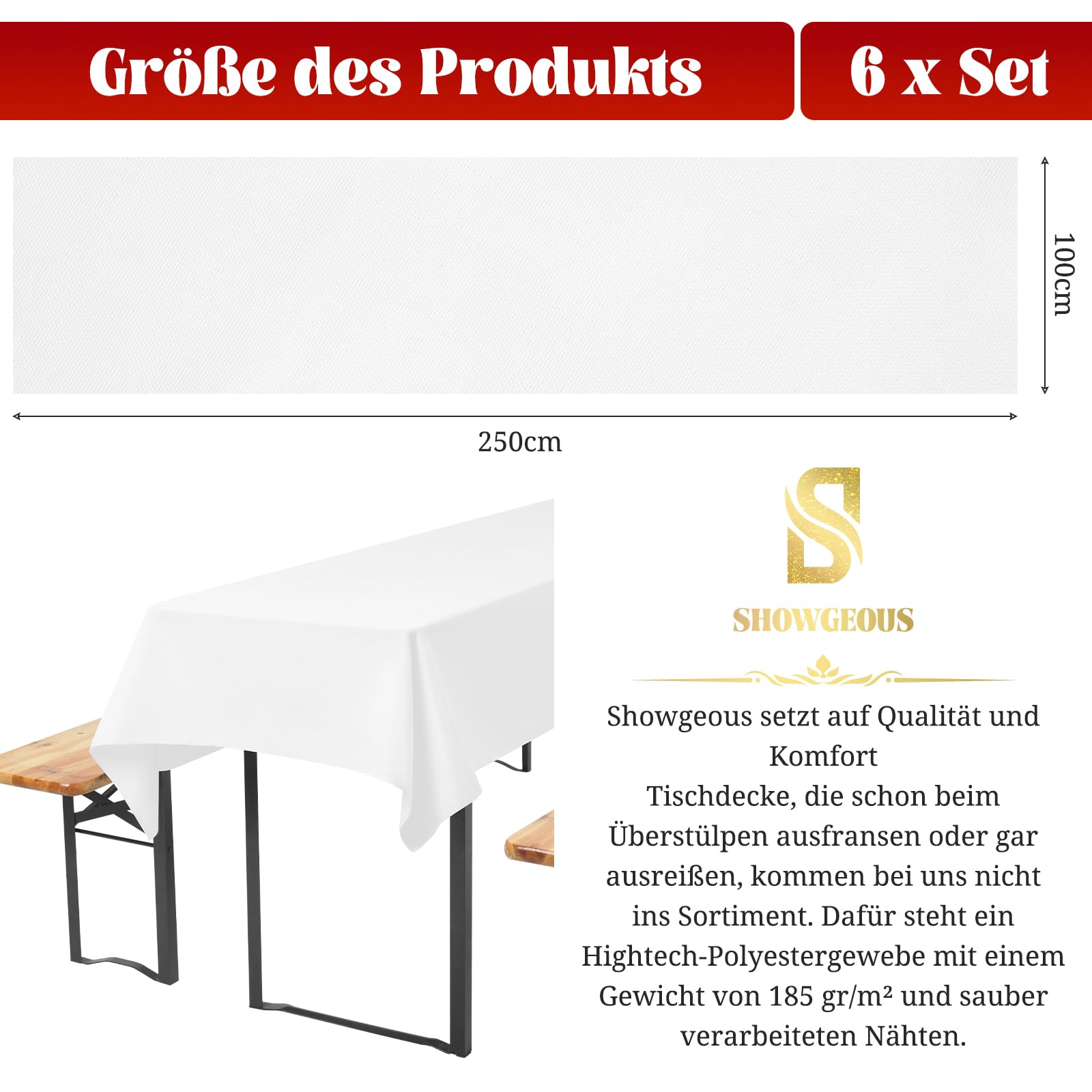 Showgeous Bier-Tischdecken 6er-Pack Weiß 100x250cm | für 50-cm- und 70-cm-Biertische,rechteckige Tischdecken,waschbar,100% Polyester,Blickdichte,Anti-Falten