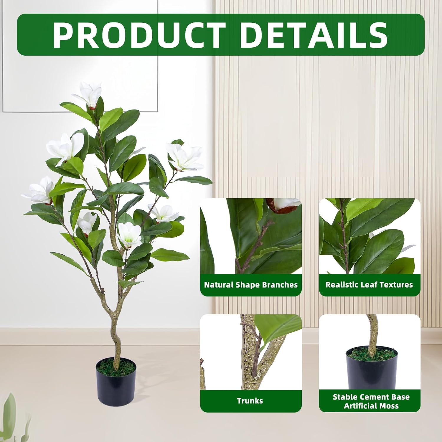 Garvee 2 Pack Artificial Magnolia Tree,3.7 ft Tall Faux Magnolia Plant with Realistic Leaves and Blooms,Potted Fake Floral Tree for Living Room/Office/Porch Decor,White
