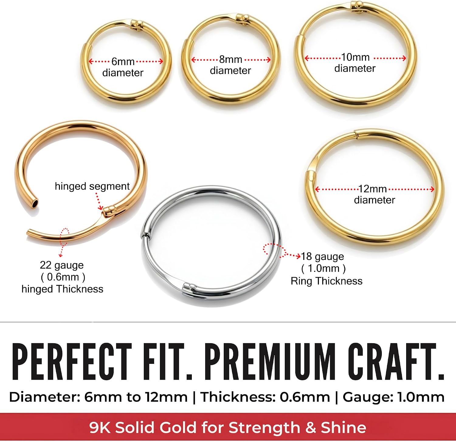 9K Solid Gold Hinged Nose Ring/Cartilage Earring- Rook Hoop/Daith Hoop/Tragus Ring/Helix Ring- Hinged Nose Ring