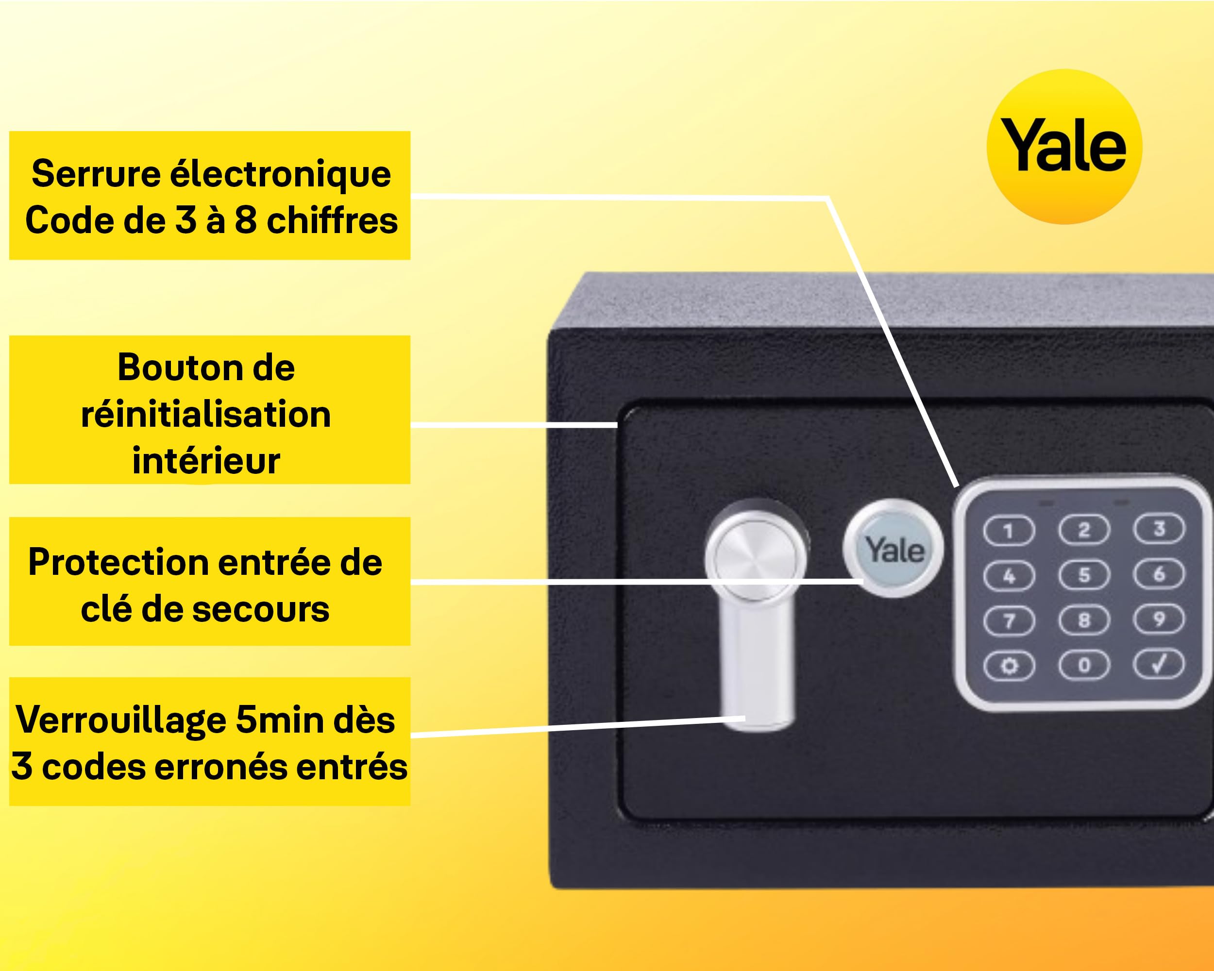 Yale Coffre-Fort Électronique - Compact 3.8L - Serrure 100 000 Combinaisons, verrou électronique Code 3 à 8 Chiffres - Dimensions 170x230x170mm YSV/170/DB2