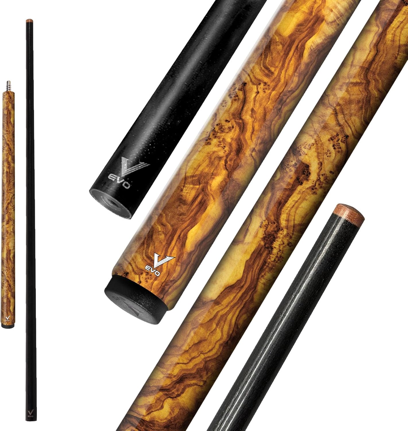 EVO IGNIS Jump Cue Stick, 29” Glassfiber Hybrid Pro Taper, mini 3/8-8 Joint, Tip Brown Bakelite, 13.9mm, Carbon Composite Cue Butt SOLAR DRIFT