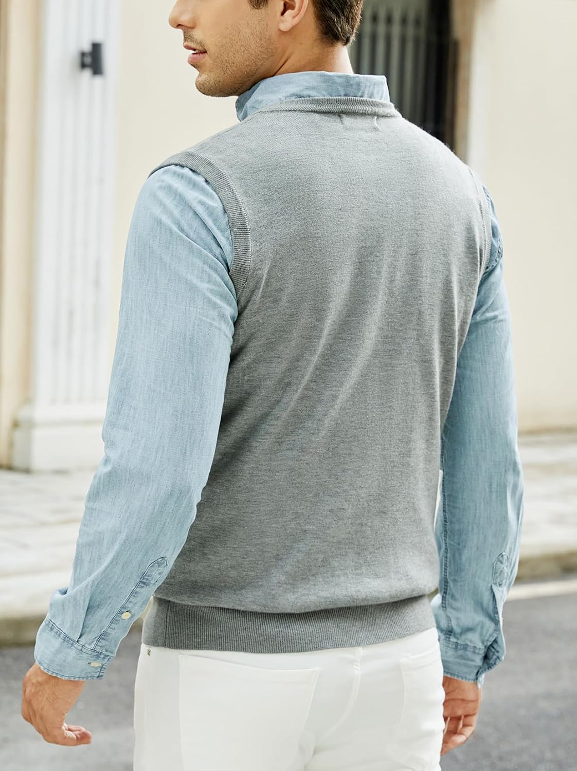 Mens Grey V Neck Sweater Vest, Lightweight Sleeveless Knit Vest, Medium