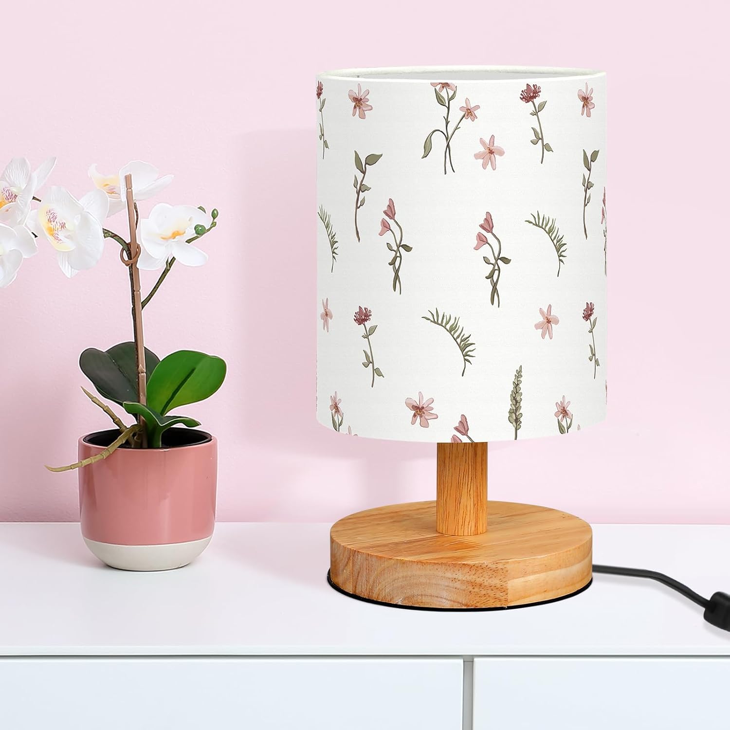 VIHOSE Boho Floral Bedside Table Lamp Vintage Nightstand Lamp with Linen Fabric Shade Solid Wood Base Decoration for Kids Living Room Bedroom Desk Dorm