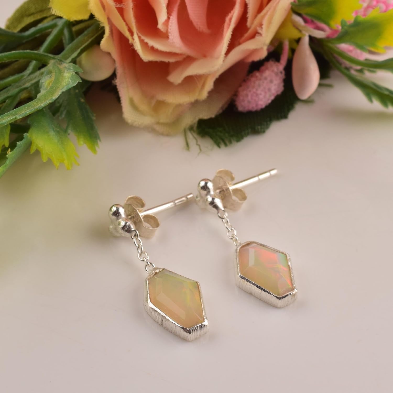 Natural Ethiopian Opal Earring 925 Sterling Silver, Dainty Simple Earring Jewelry Gift for Her, Birthstone Energy Healing Stones, Opal Earring - Image 8