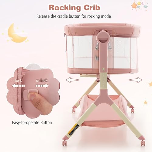 Miniatura 3 de BABY JOY Cuna mecedora 3 en 1 con cesta de almacenamiento, ruedas universales, altura ajustable, colchón, red y bolsa portátil, cuna transportable,
