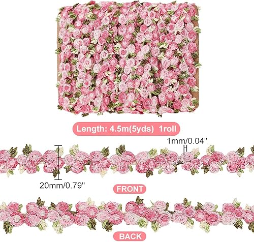 Miniatura 4 de PH PandaHall Cinta de encaje de flores de 5 yardas, ribete de encaje floral rosa intenso de 34 pulgadas, cintas bordadas para bricolaje, apliques de