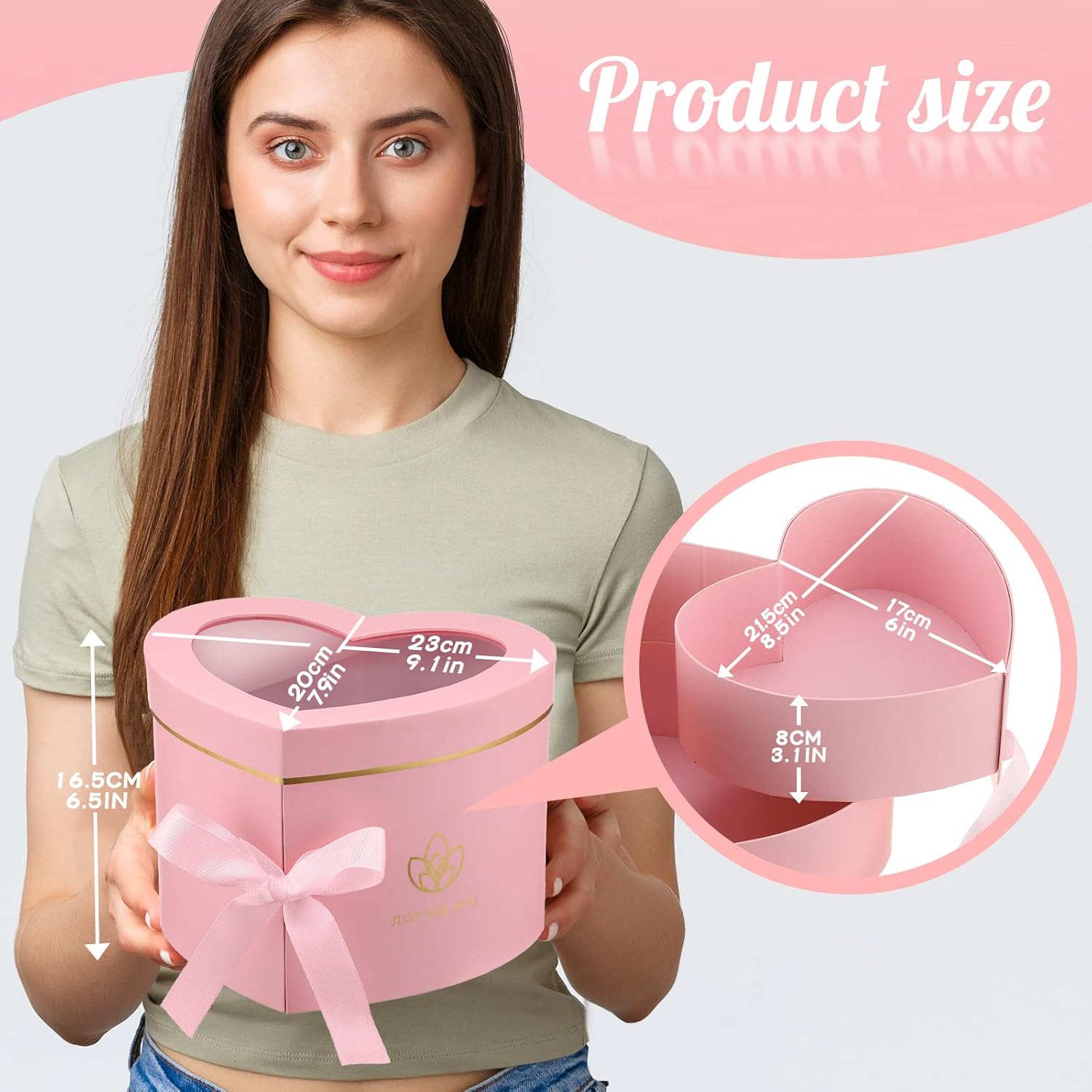 Nuanchu 2 Pcs Valentine‘s Day Heart Shaped Flower Box with Transparent Window Paper Floral Boxes with Lids Ribbons Double Layers Rotating Gift Box for Arrangements, 9.1 x 7.9 x 6.5 Inch(Pink) - Image 2