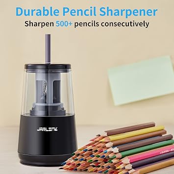 JARLINK Electric Pencil Sharpener, Heavy-Duty Helical Blade to Fast Sharpen, Auto Stop for No.2/Colored Pencils(6-8mm), AC Adapter/Battery Operated in School Classroom/Office/Home (Black)