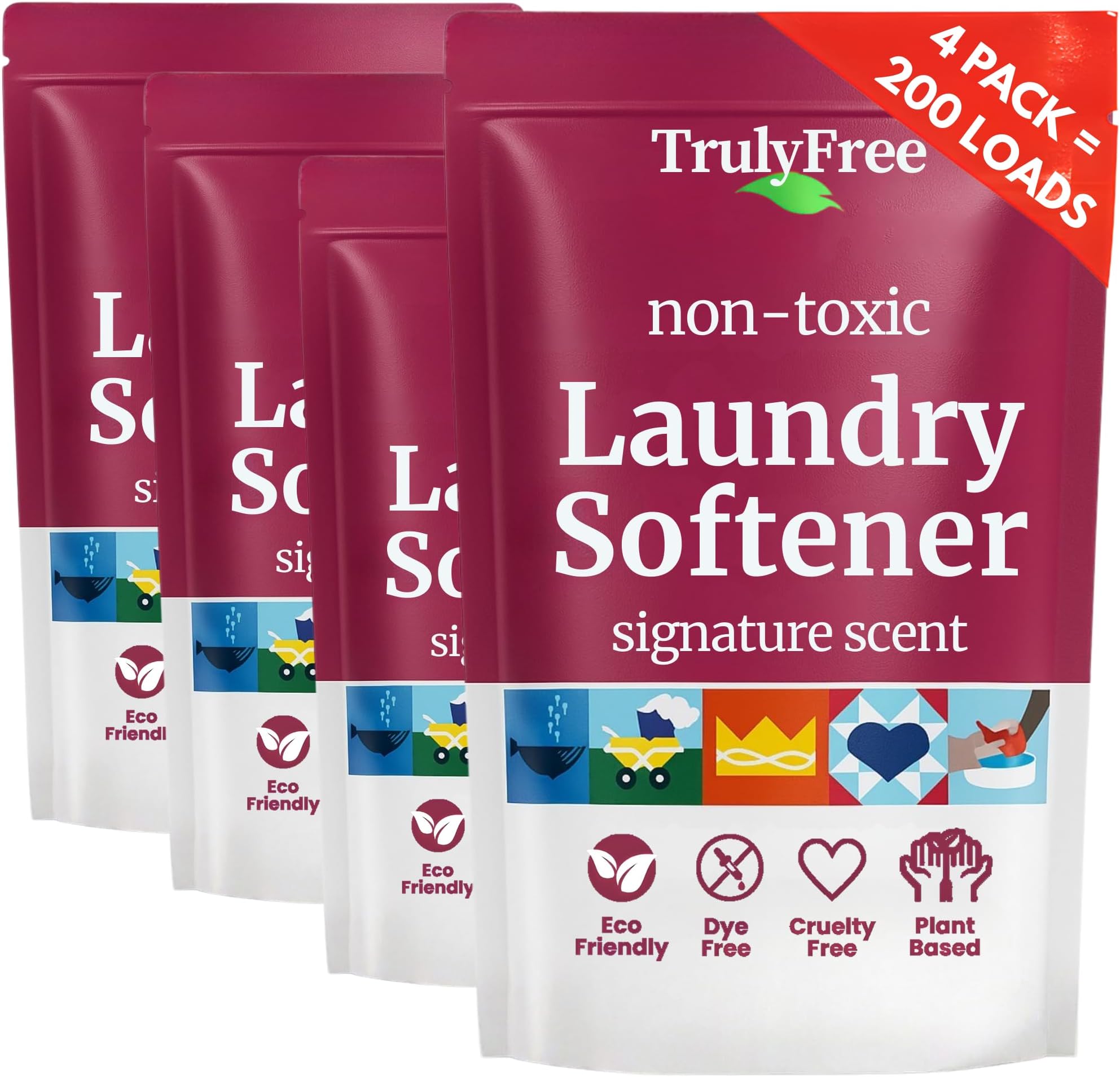 Truly Free Natural Fabric Softener | Non-Toxic for Babies & Kids Sensitive Skin | Plant-Based Laundry Softening Conditioner | Safe, Gentle & Chemical-Free | Signature Scent | 4 Pack Refill