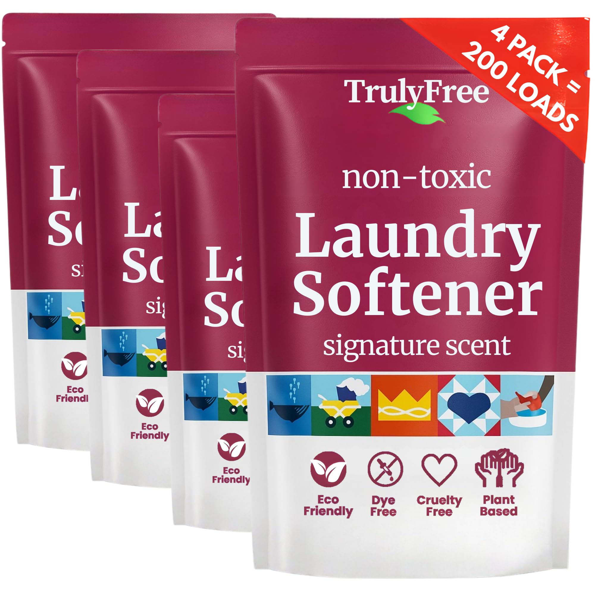 Truly Free Fabric Softening Conditioner for Clothes| Safe for Babies & Kids with Sensitive Skin | Plant-Based | Includes 4 Refills| Signature Scent Rinse(200 Loads)