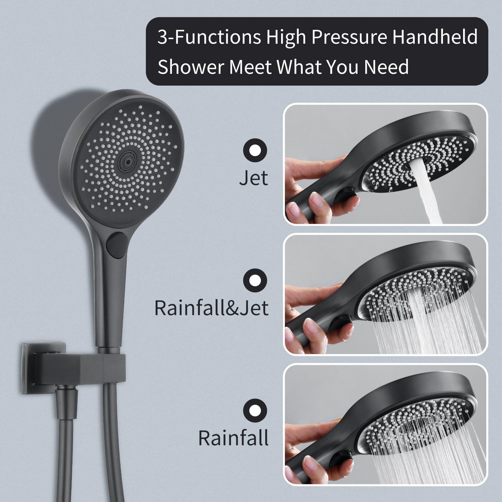 Duschkopf mit Wandanschluss & 1.5m Schlauch, Handbrause mit 3 Strahlarten aus ABS, Brausekopf mit 360° Drehbarem Halter & Wasserzulauf, Universal Duschbrause für Dusche, Badewanne