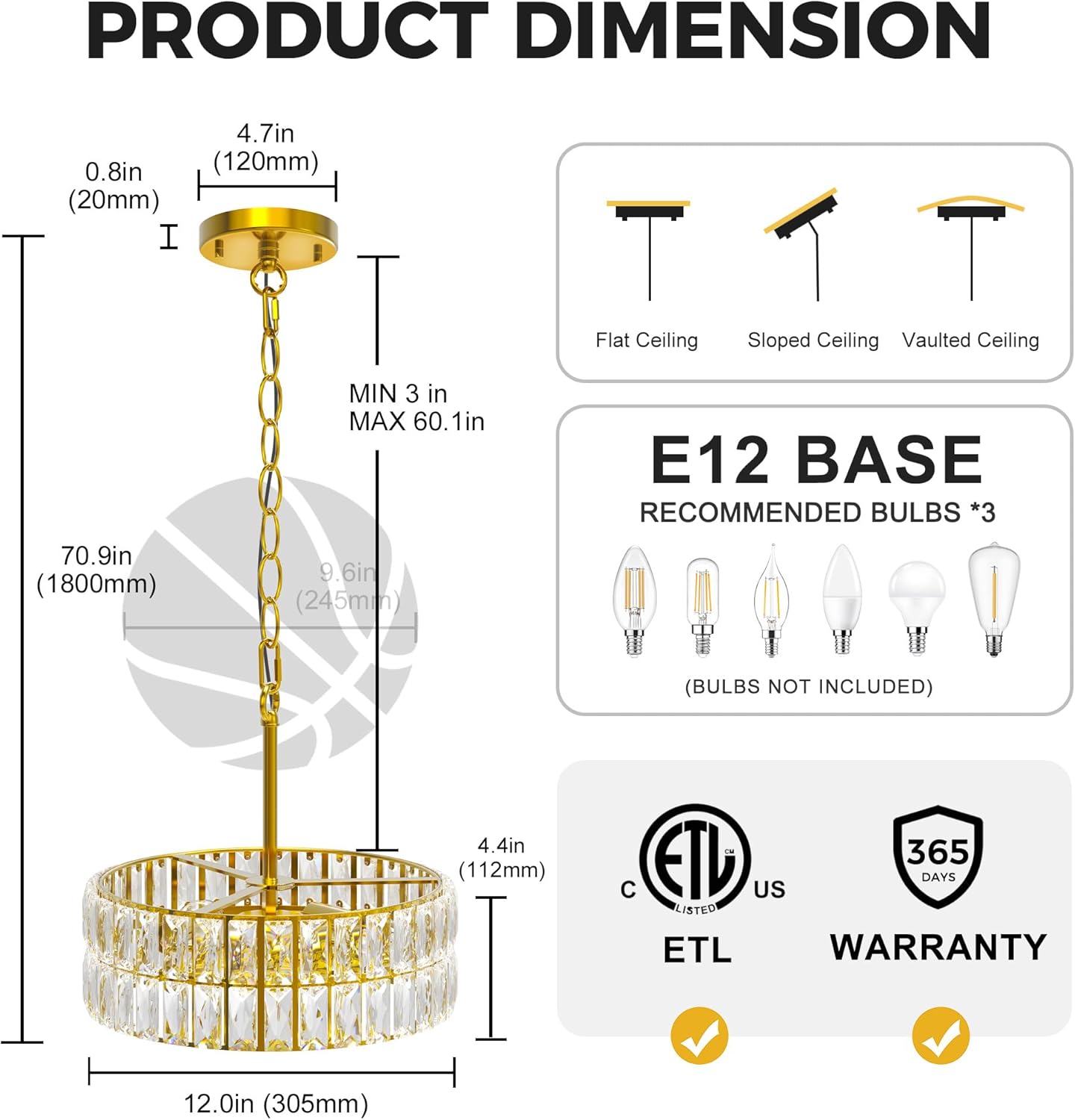 L LOHAS LED Modern Crystal Chandelier for Dining Room Light Fixture, 3-Light Height Adjustable Drum Chandelier for Living Room, Gold Round Chandelier for Bedroom, Foyer, Kitchen, Entryway, ETL