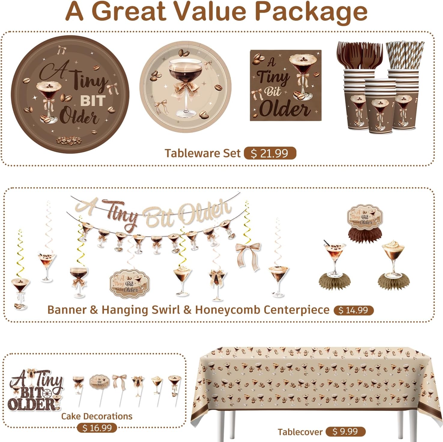 Xynic 205pcs A Tiny Bit Older Birthday Tableware Set, Serves 25 Guests, A Tiny Bit Older Birthday Decorations includes Banner, 300g Thick Paper Plates, Tablecloth, etc, for Espresso Martini Party