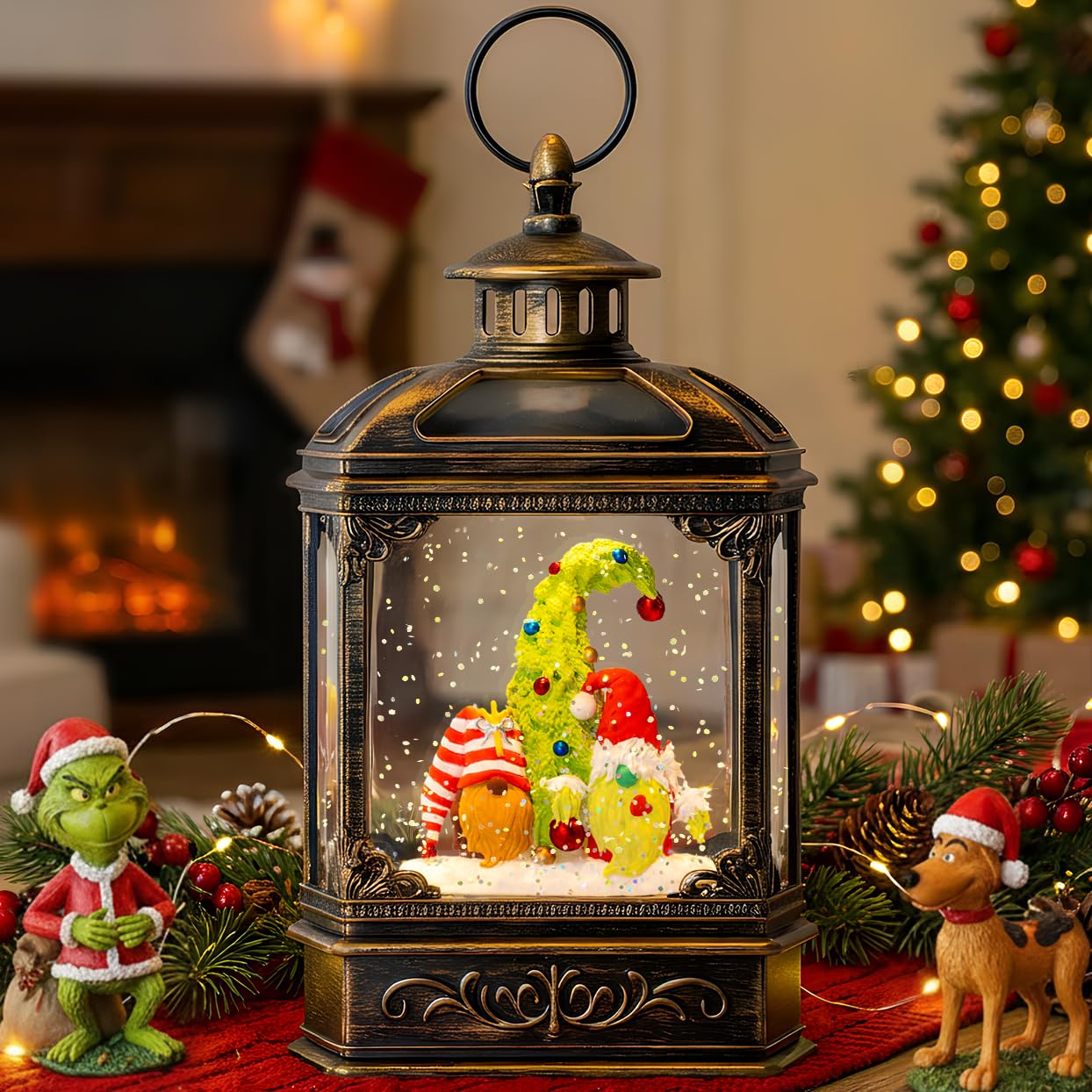 VISFLAIR Musical Snow Globe Lantern Lighted Whimsical Christmas Tree &amp; Gnomes Scandinavian Santa Elf Water Lantern with Swirling Glittering Home Decoration and Gift, Battery Operated or USB Powered