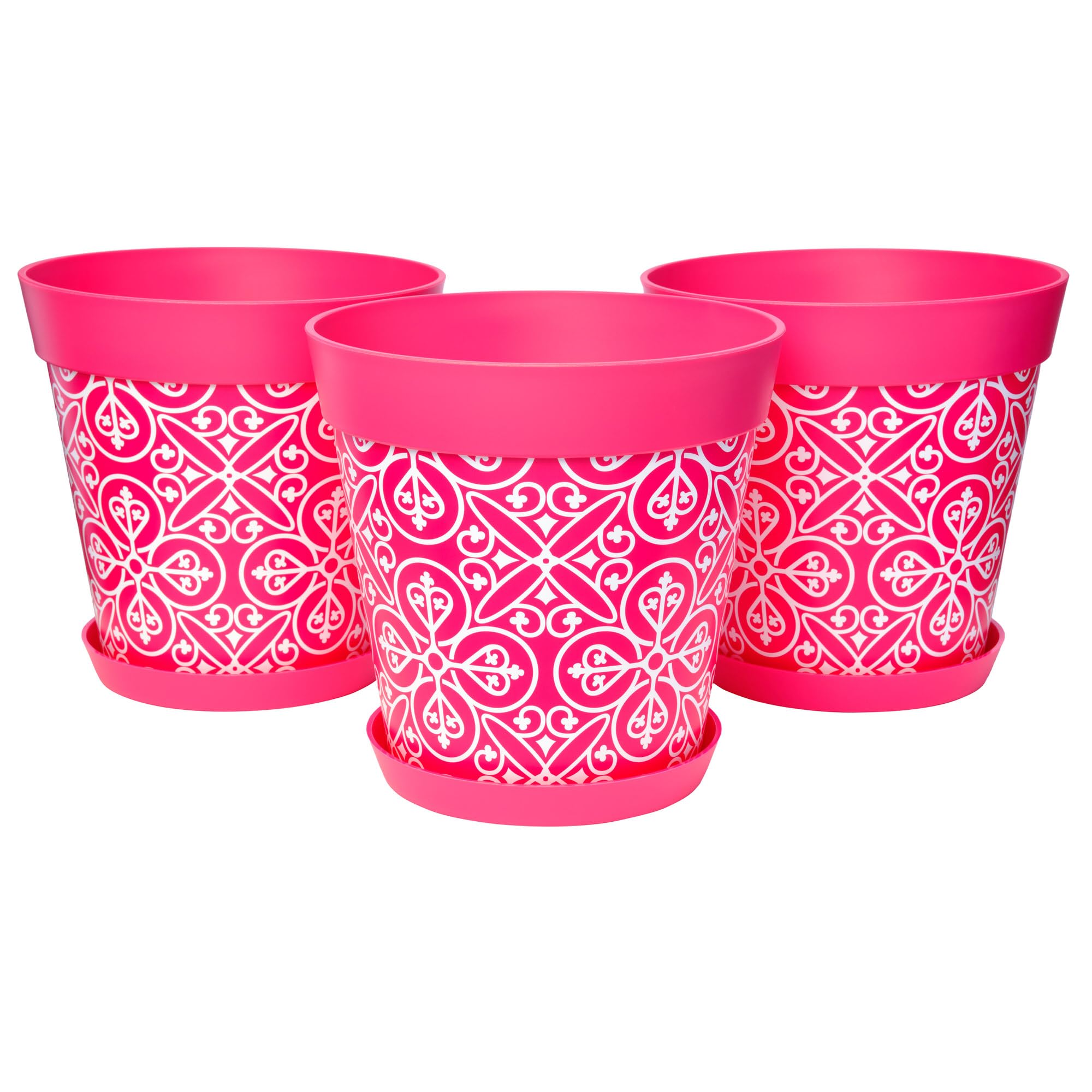 Hum Flowerpots Maroccan Pink Set Of 3 Plastic, Indoor/Outdoor Plant Pots 25Cm Diameter And 3 Saucers 19Cm Diameter (Moroccan Pink)