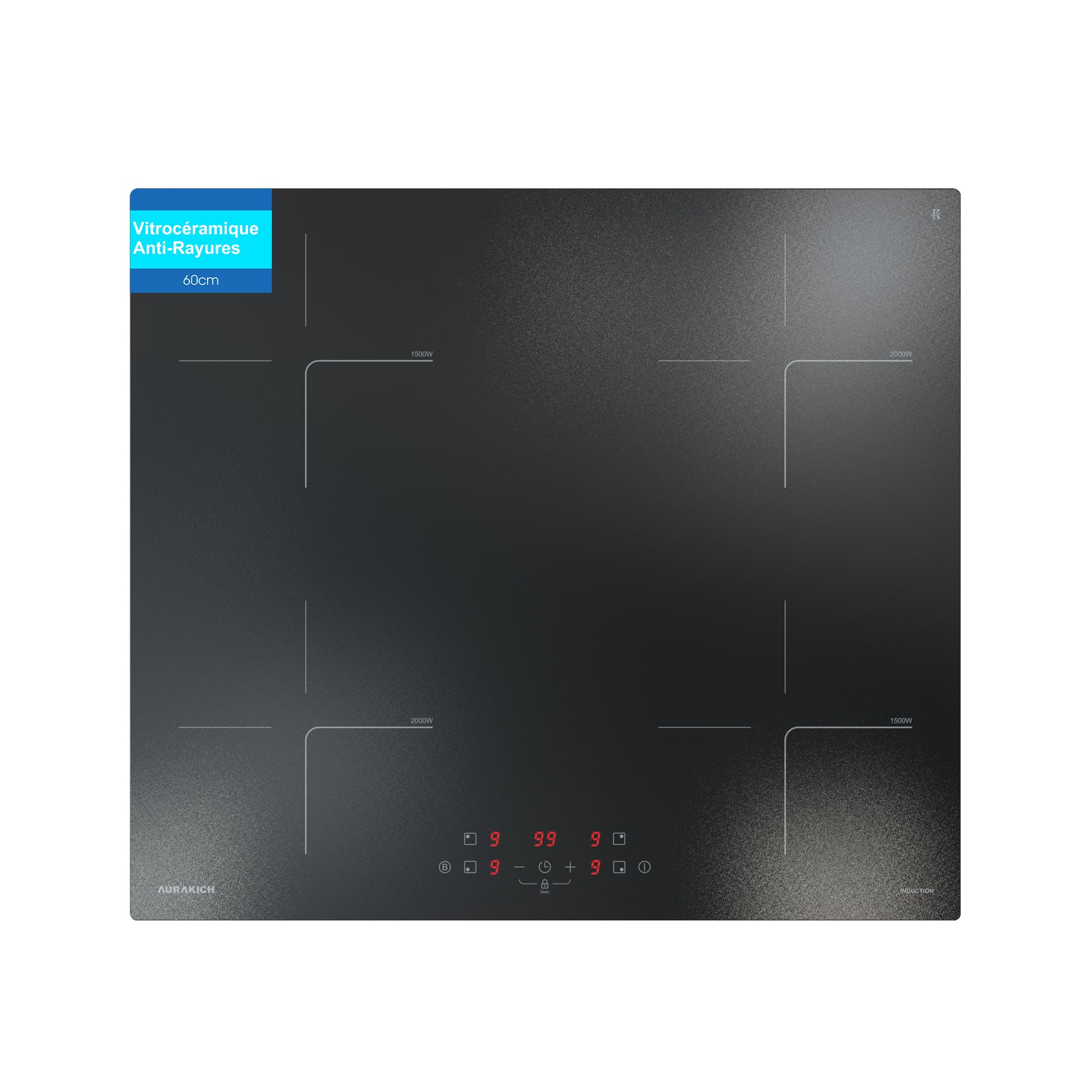 Plaque Induction 4 Feux 7000W 60cm Encastrable Verre Anti-Rayures avec Grattoir Minuterie 2 Boosters Sécurité Enfant