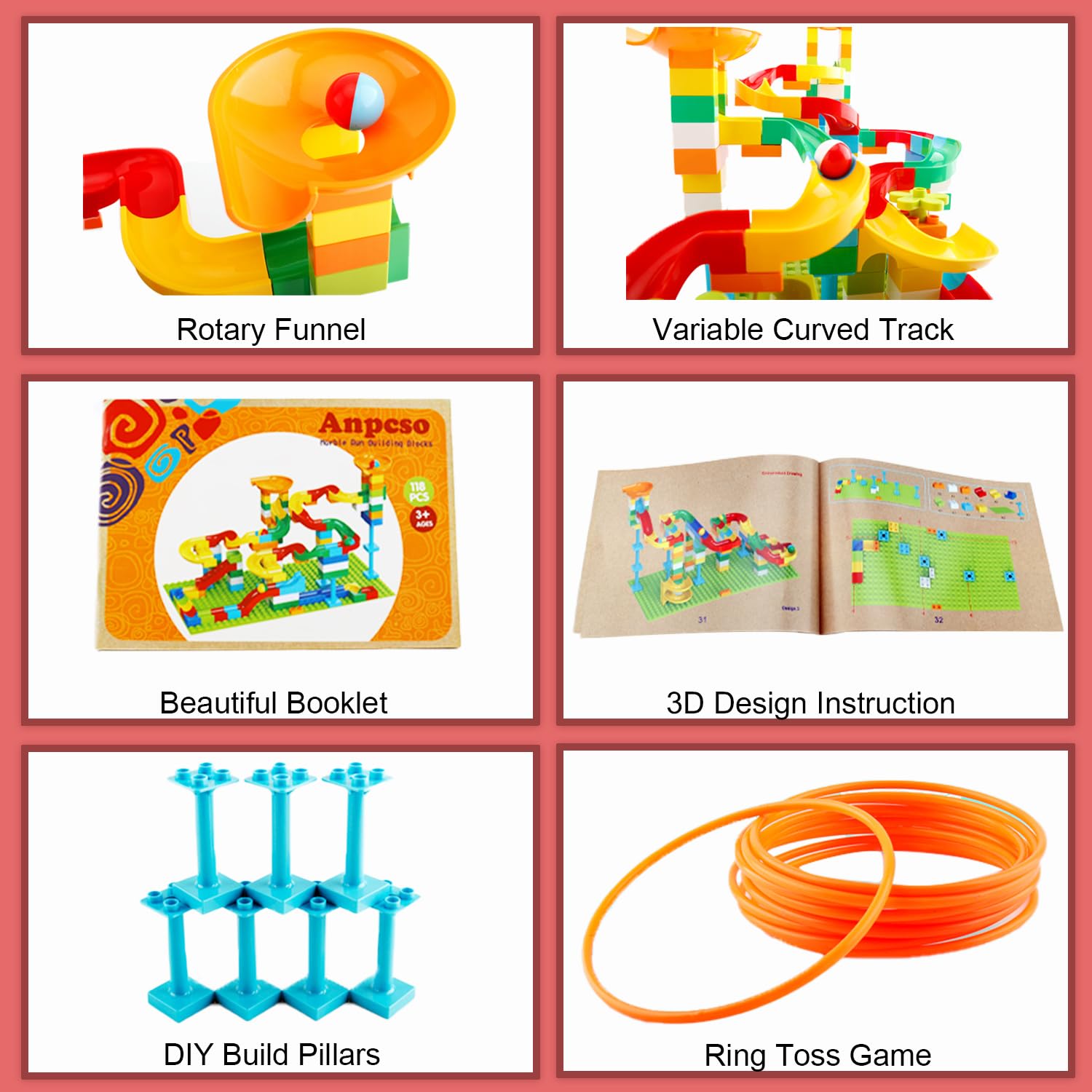 Bloques de construcción Marble Run para niños de 3 a 8 años, juego de 128 piezas de ladrillos de construcción STEM con juego de anillo de lanzamiento, juguetes educativos de aprendizaje para 8