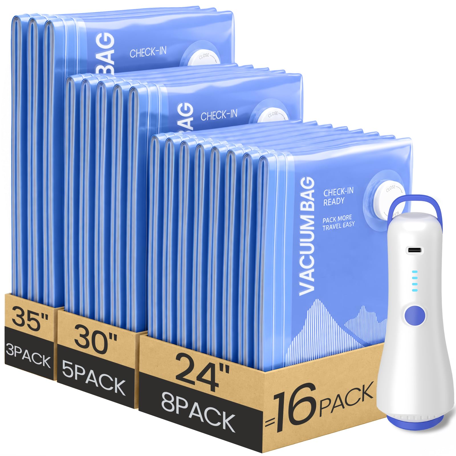 View 1 of 16 Pack Vacuum Storage Bags for Travel with Rechargeable Wireless Pump