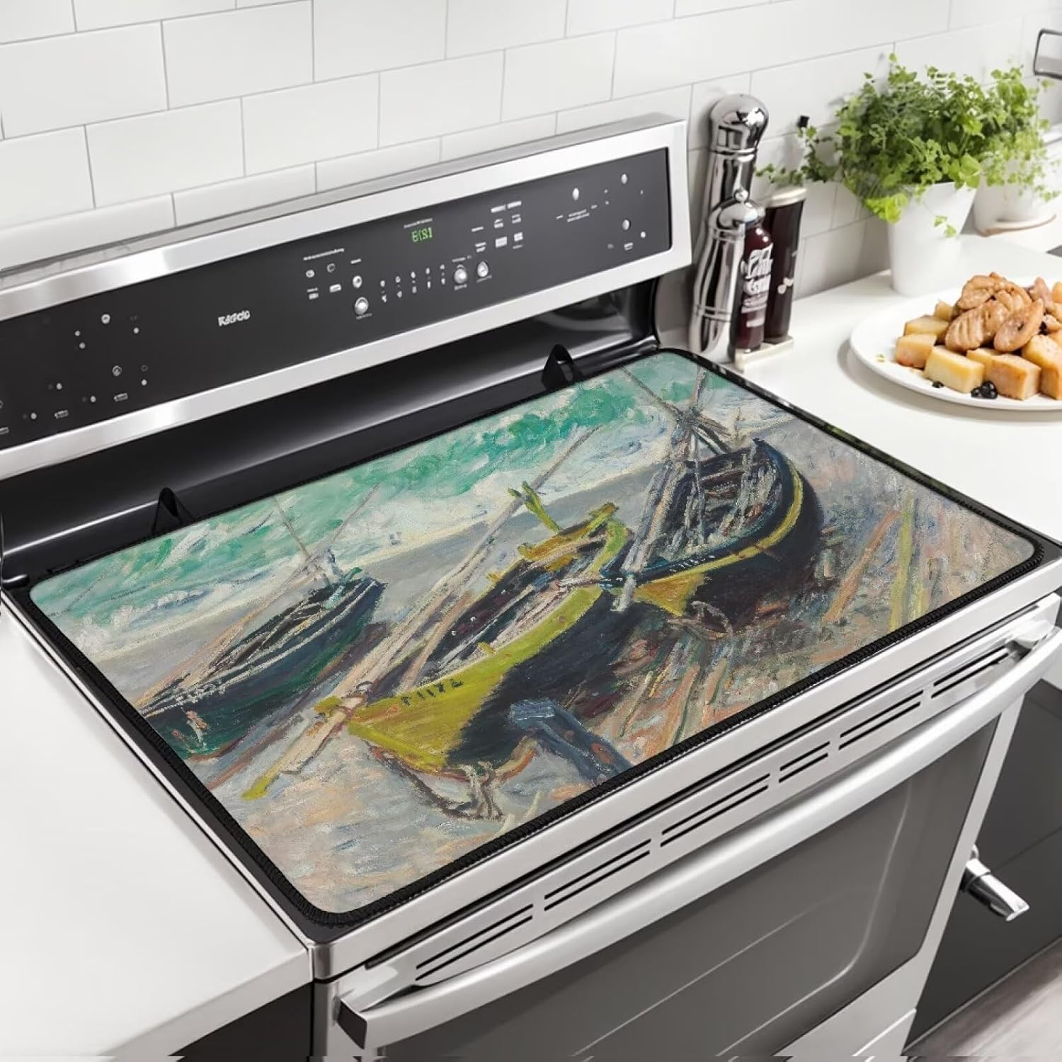 Induction Cooktop Mat, Oil Painting Print Stove Top Protector, Insulated, Waterproof, Anti-Slip, Scratch-Resistant and Easy to Clean Stove Top Cover for Electric Stove (Green, 29"x21")