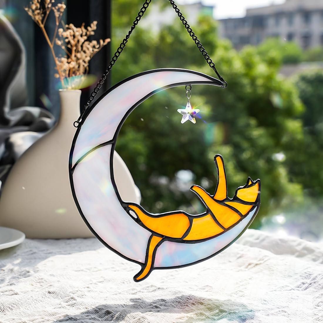 Orange Cat on Moon Stained Glass Suncatchers Star Crystal Decor,Rainbow Stained Glass Window Hangings,Funny Cat Lover Themed Gifts for Women Mom - Image 2