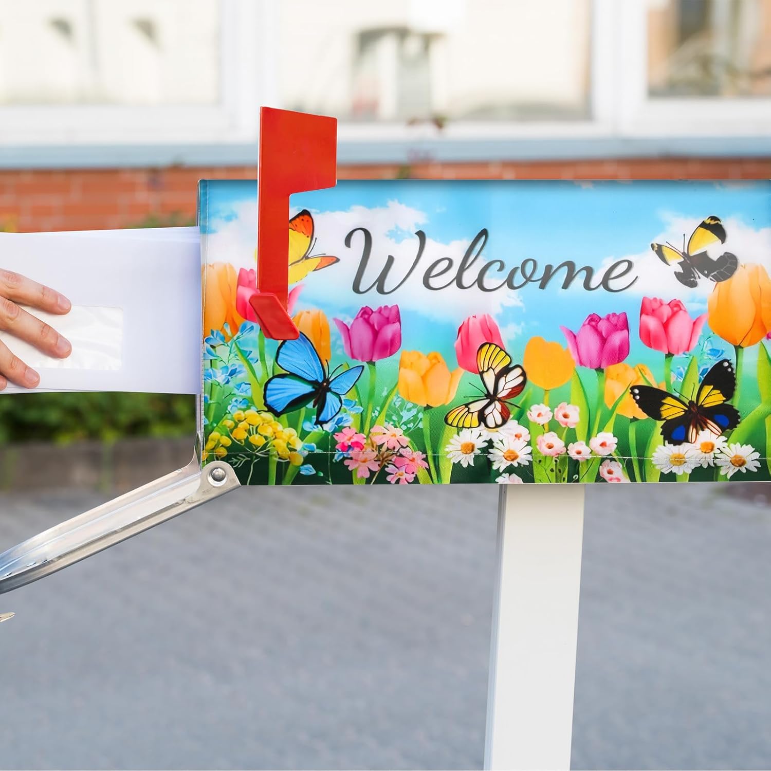 PEUTIER Flowers Mailbox Cover, 21x19 Inch Standard Size Spring Summer Floral Mailbox Cover Butterfly Tulip Magnetic Mailbox Wrap Post Letter Box Wrap for Yard Garden Home Decoration
