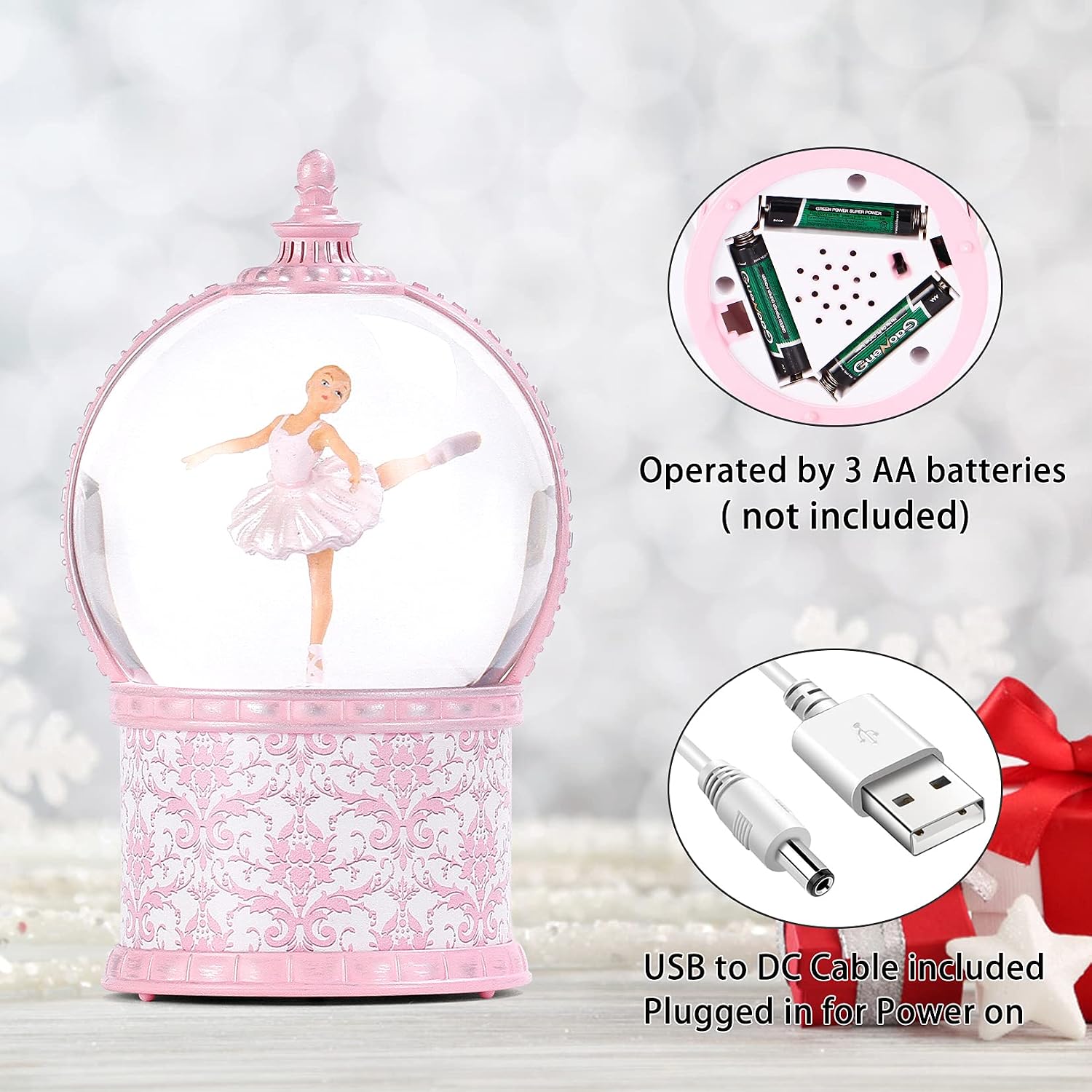 Musical Ballerina Christmas Snow Globes, 7.1 Inch Lighted Snow Globe with Swirling Glitter, Battery Operated & USB Powered Music Box Valentines Day Gifts for Girls, Women