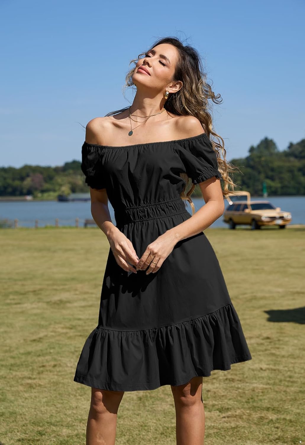 Alaster Queen Womens Summer Dresses 2025 with Pockets Casual Puff Sleeve Square Neck A Line Off The Shoulder Dress - Image 5