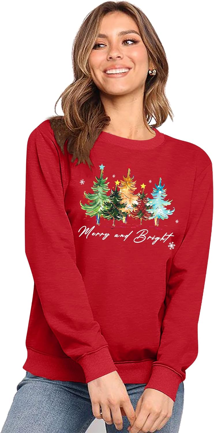 Christmas Sweatshirts Women: Merry and Bright Shirts Christmas Tree Graphic Long Sleeve Shirt Xmas Holiday Pullover Tops - Image 2