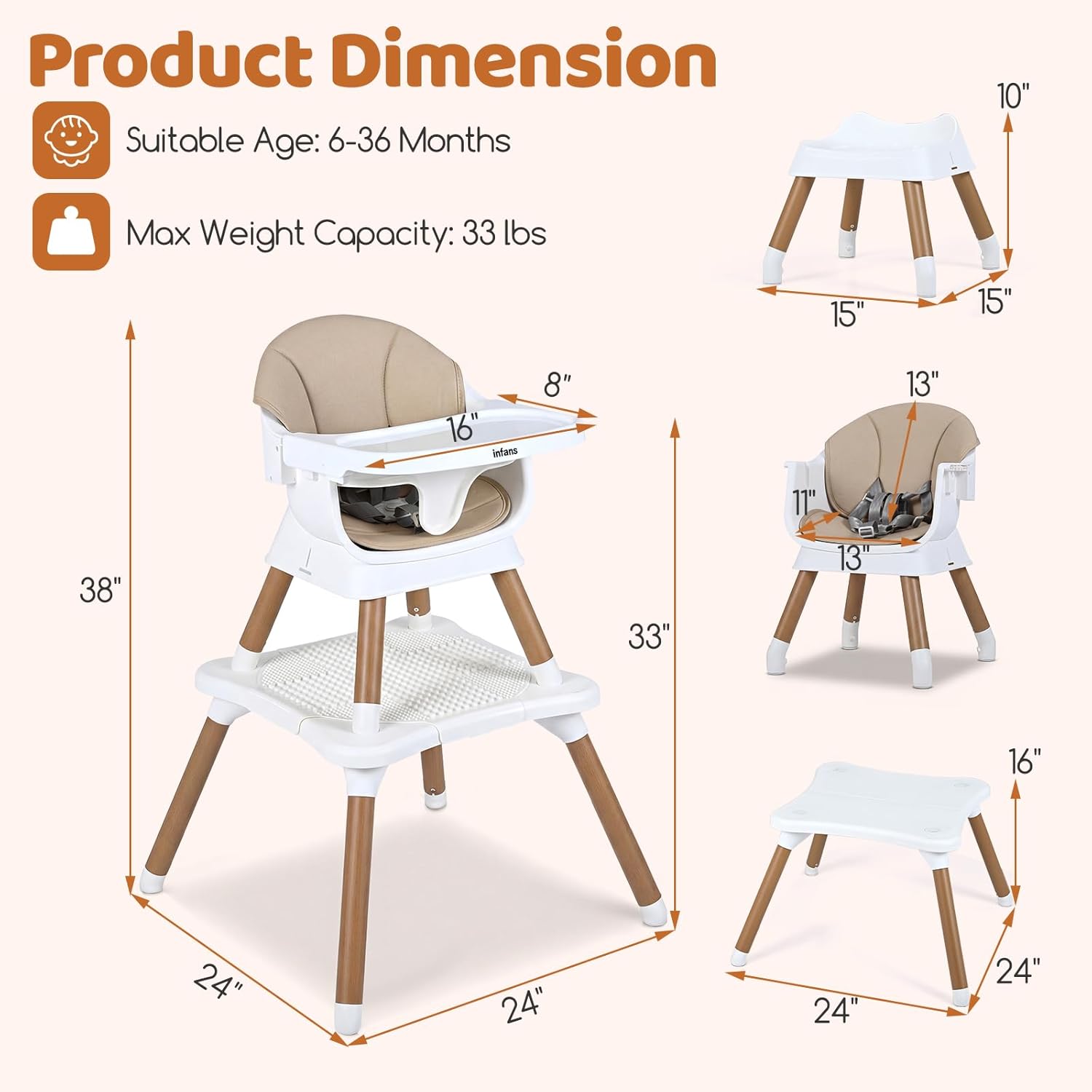 INFANS Baby High Chair, 9 in 1 Convertible Highchair for Babies and Toddlers, Building Block Table Dining Booster Seat Activity Desk Kids Stool with Adjustable Removable Tray (Beige)
