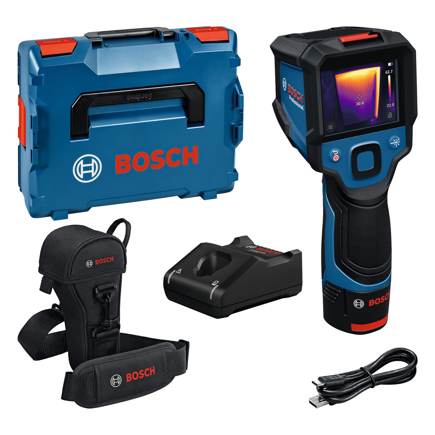 Bosch professional Termocamera GTC 12V-​450-​13 (256x192 px, da -​20°C a +​450 °C, doppia alimentazione, batteria agli ioni litio GBA 12V 2,​0 Ah, caricabatterie GAL 12V-​40, custodia, cavo USB-​C®, L-​Boxx)