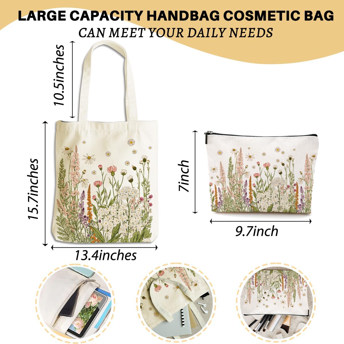 Aesthetic Flower Wildflower Canvas Tote Bag Makeup Bag, Cosmetic Bags for Women Girls Sister Mom Plant Lovers Birthday Christmas Gradaution Reusable Grocery Bags with Inner Pocket for Shopping - Image 4