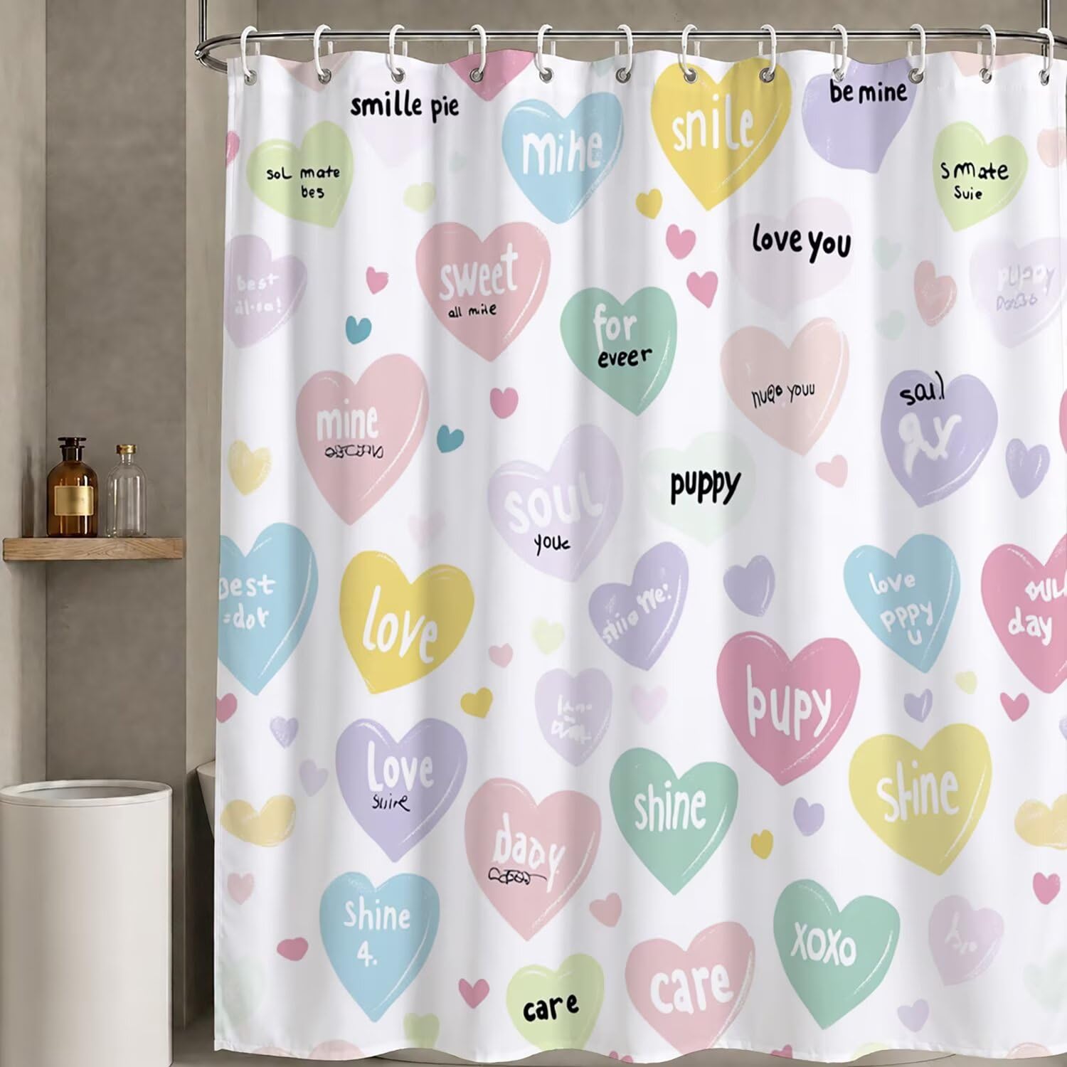 Rideau de Douche 180x200 cm Amour Rideau Douche Tissus Lavable Couleur Rideaux de Baignoire Imperméable Polyester Shower Curtain avec 12 Crochets, Décoratif Accessoires de Salle de Bain W-P71