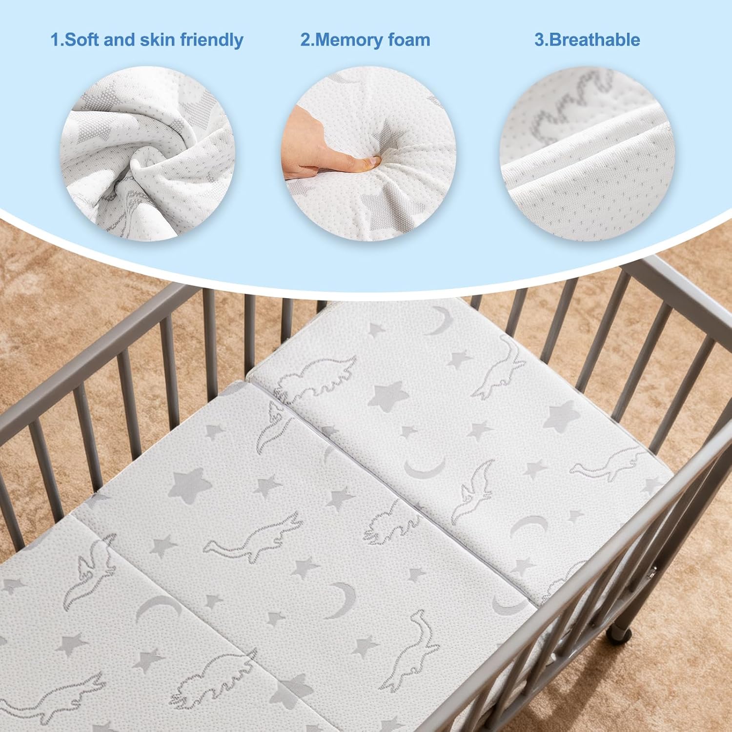 YJLMLY 5" Tri-Fold Foam Pack and Play Mattress Topper,39"x26"- Memory Comfort High Density Plush - Breathable Removable Washable Cover - Portable Travel Pad with Carry Bag for Indoor & Outdoor Use