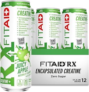 FITAID RX Zero Sugar, Encapsulated Creatine, Workout Recovery Drink, All-In-One Blend, BCAAs, Glucosamine, Turmeric, B-Complex, Naturally Sweetened, Juicy Apple, 12 Fl Oz (Pack of 12)