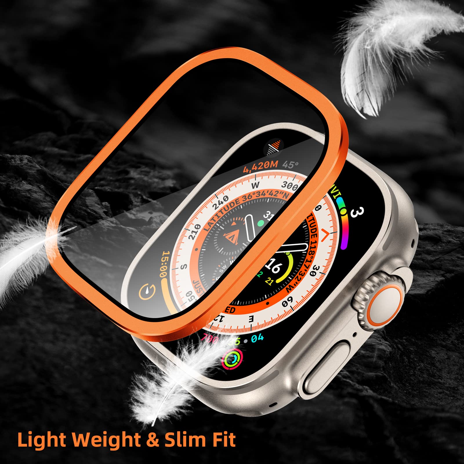 SWUU Paquete de 2 fundas de metal resistentes compatibles con Apple Watch Ultra de 49 mm con protector de pantalla de vidrio templado, naranja y titanio