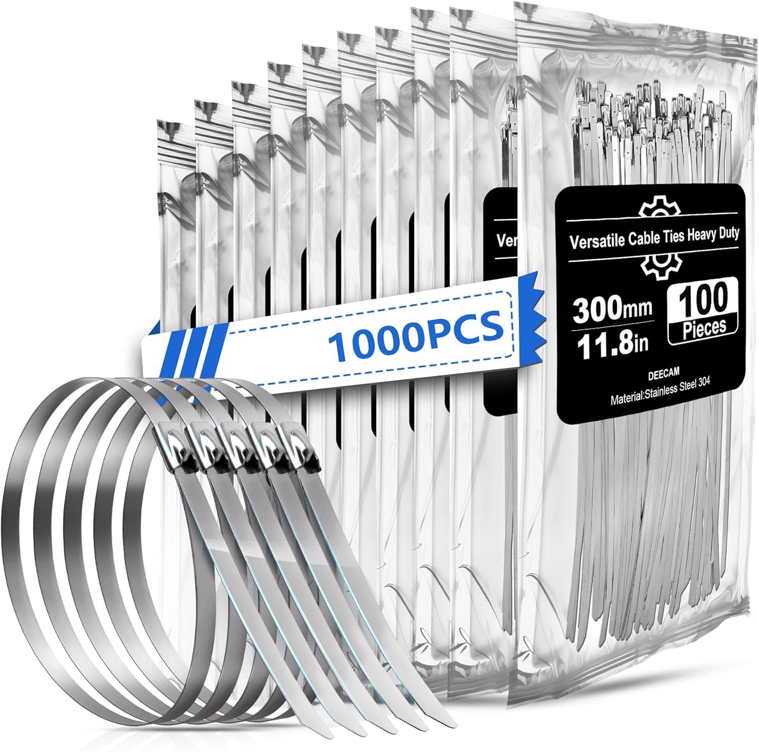 Stainless Steel Cable Ties, Deecam 1000 Pcs 4.6×300mm Metal Cable Tie, 304 Stainless Zip Ties with Steel Ball Stopper, Suitable for Exhaust Wrapping,Binding Tie,Garden Repair and Fixed Fence(1000 Pcs) — image 1