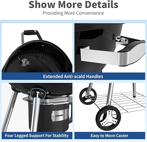 Miniatura 6 de Parrilla de carbón portátil de 22.5 pulgadas, ahumador de barbacoa resistente con termómetro integrado y atrapador de cenizas extraíble enjuagable