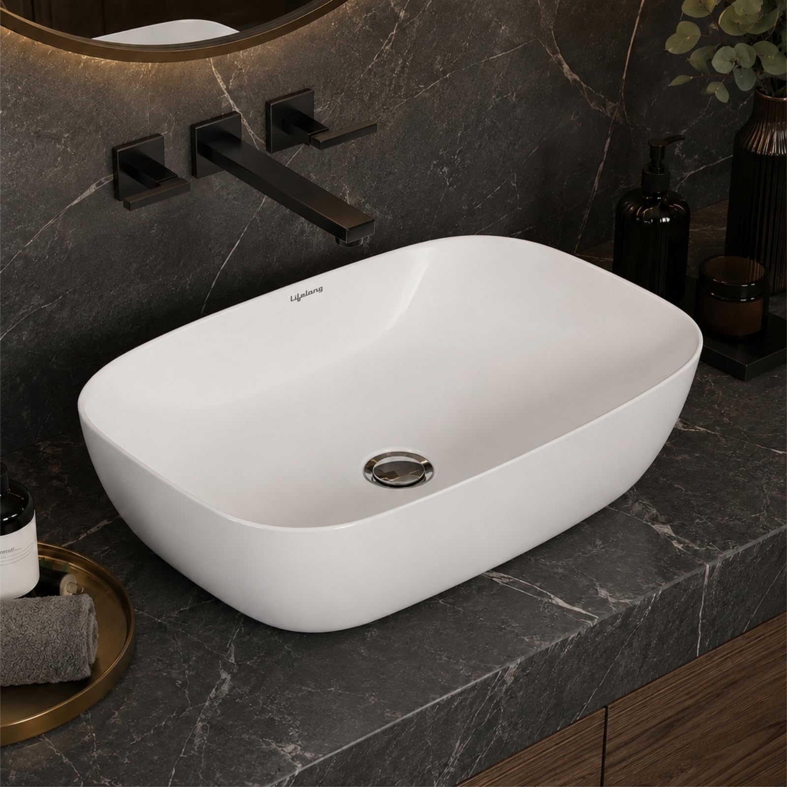 Lifelong Wash Basin for Bathroom - Tabletop Washbasin - Ceramic Glossy Round Countertop Vessel Sink Ideal for Bathroom, Dining Hall & Vanity 33x46x16 cm (White, LLHIPB01)-image-28