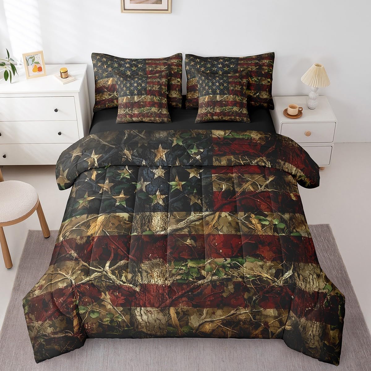 Erosebridal American Flag Bed in A Bag Rustic Woodland Camo Bedding Set Tree Camouflage Hunting Queen Comforter Set with Sheets 7 Piece for Boys Teen Men,Farmhouse Cabin Lodge Bed Set