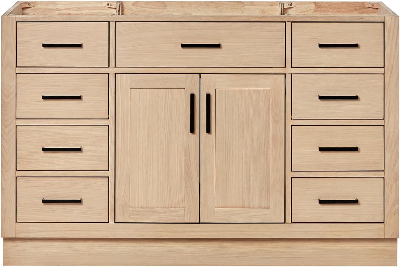 ARIEL Hepburn 54-inch Bathroom Vanity Base Cabinet,Solid Wood, 2 Soft Closing Doors, 9 Dovetail Drawers, White Oak