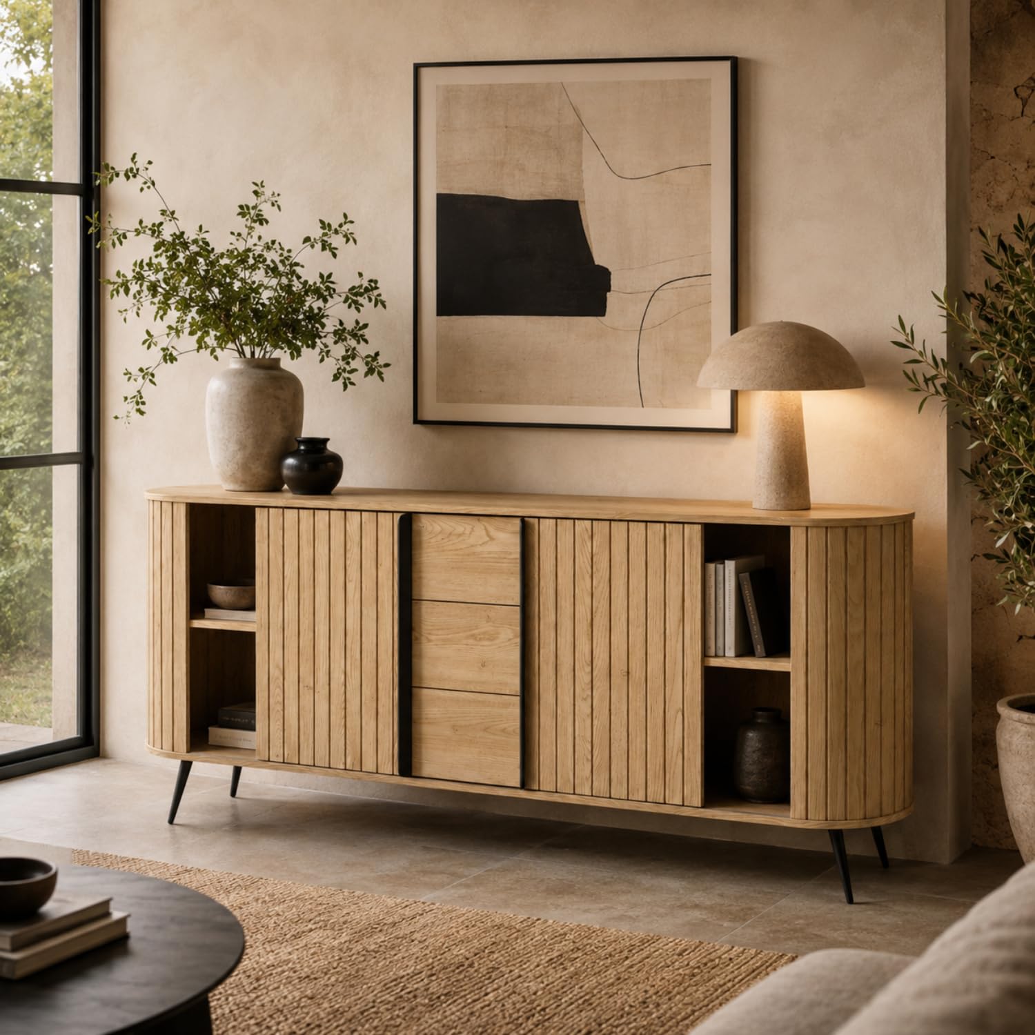 Arreditaly Credenza Moderna Scandinava Con 2 Ante 3 Cassetti E Ripiani Interni Piedi In Metallo Nero Mobile Contenitore Per Soggiorno Sala Da Pranzo 196 X 40.2 X 81.8 Cm Rovere