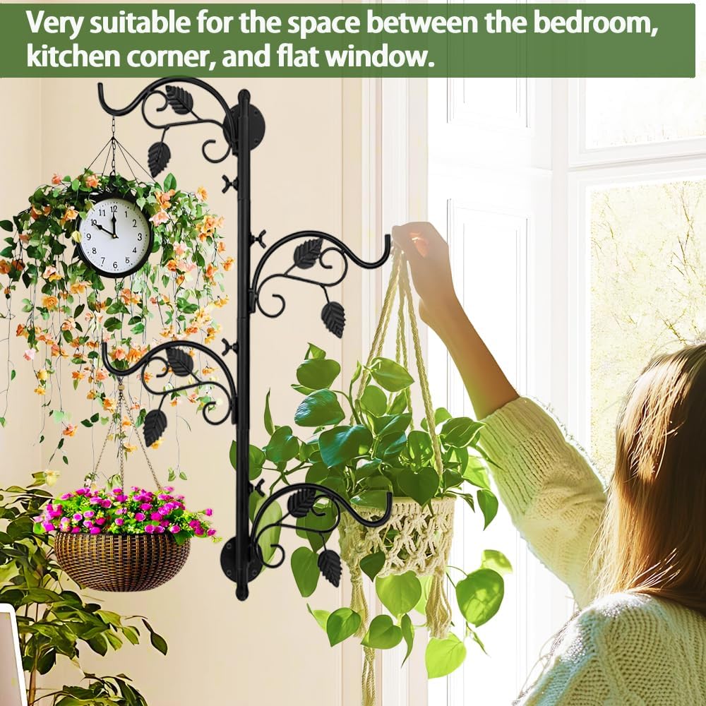 Rotating Window Plant Hanger Indoor and Outdoor, 4-Tier Wall Planters for Indoor Plants, Heavy-Duty Swivel Hanging Bracket, Hanging Plant Holder for Flower, Lamp, Bird Feeder and Wind Chime(Black)