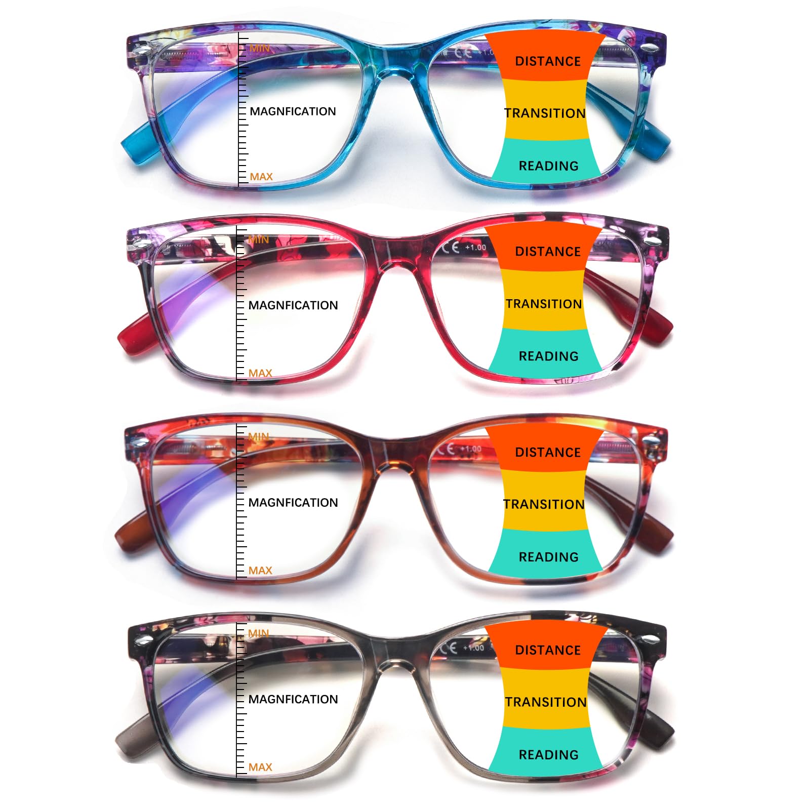 CLASAGA Progressive Multifocus Reading Glasses for Women, Pattern Print Blue Light Block Stylish Ladies Computer Readers