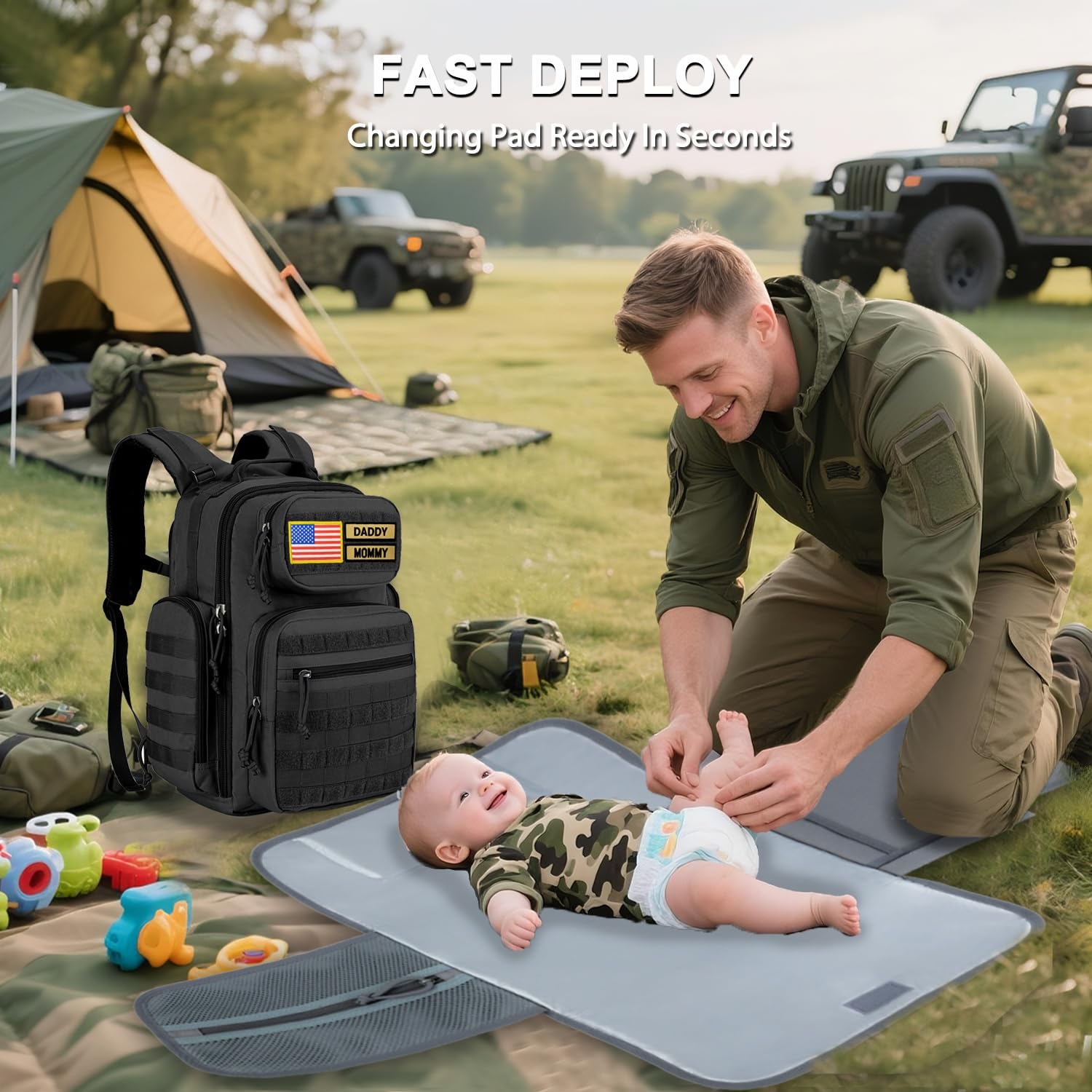 MIRACOL Bolsa de pañales militar para bebé, mochila grande para bebé con cambiador, bolsa de pañales para papá del ejército para senderismo, viajes