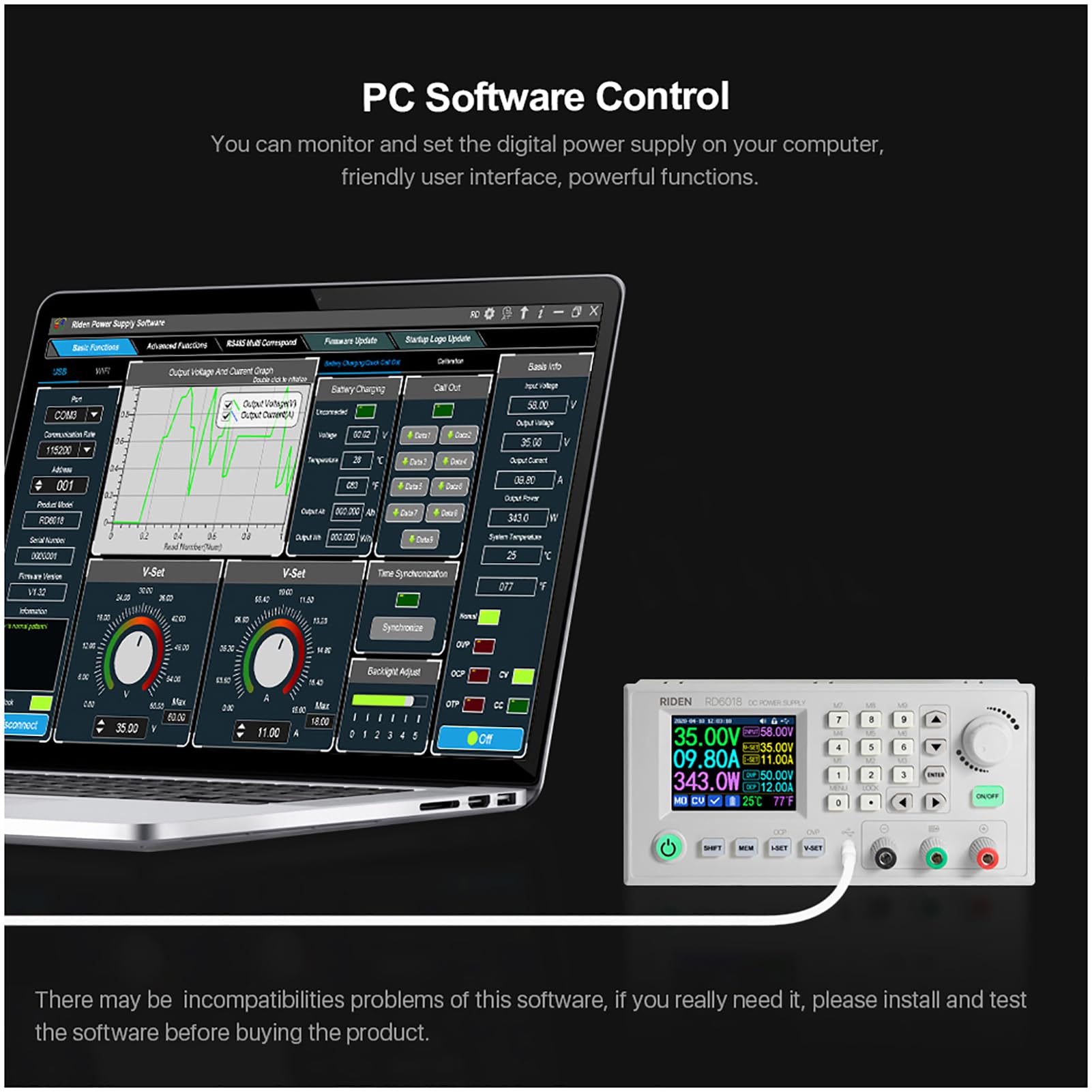 HUIOP RD6018 Modulo di Alimentazione a Corrente Continua a Tensione costante e Corrente costante 18A Tastiera Software PC Controllo App Telefono WiFi con Funzione di aggiornamento firmware