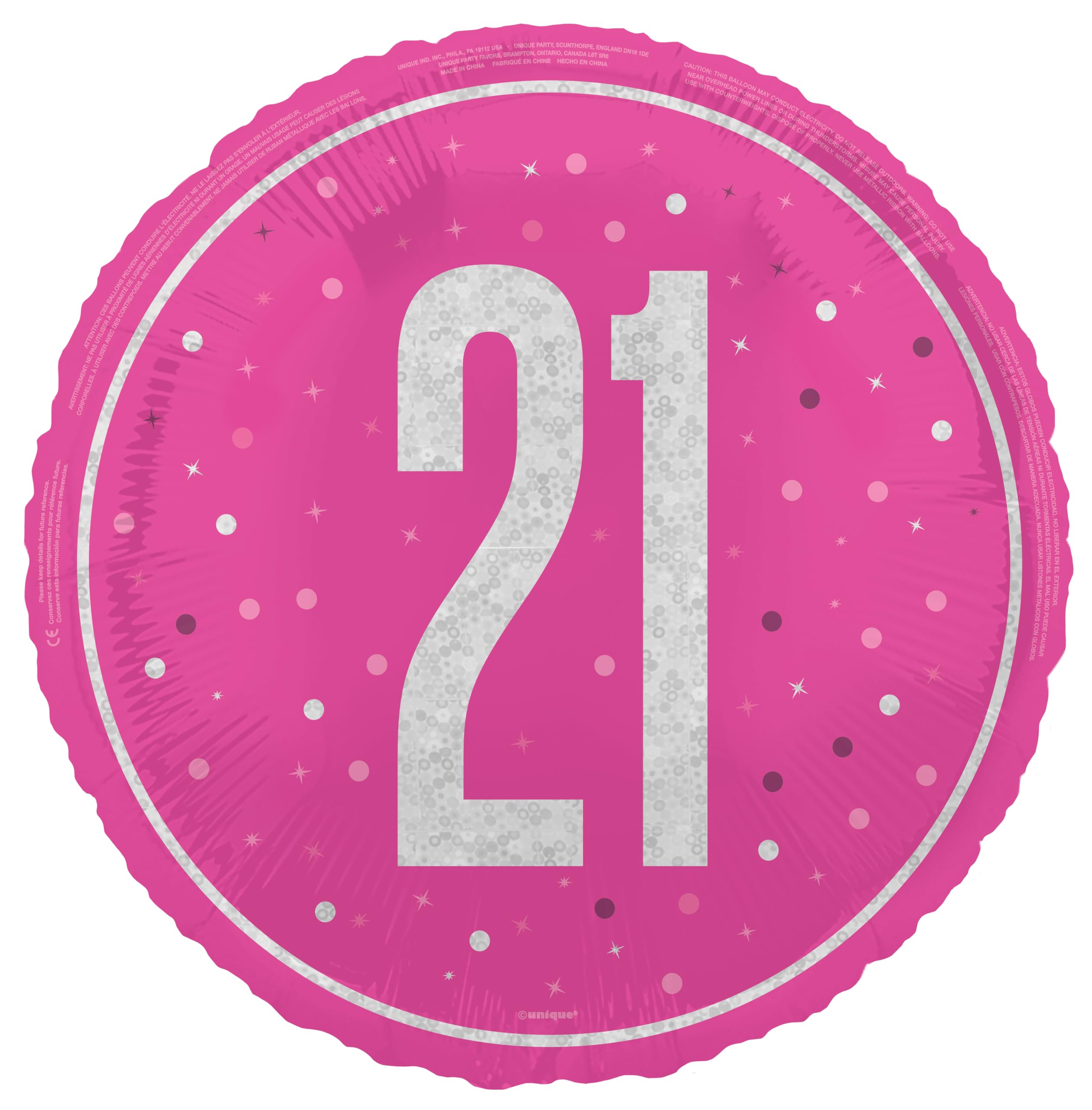 Unique 82290 Foil 21st Balloon-45 cm-Glitz Pink Birthday Party-1 Count (Pack of 1), Multicolour, Medium