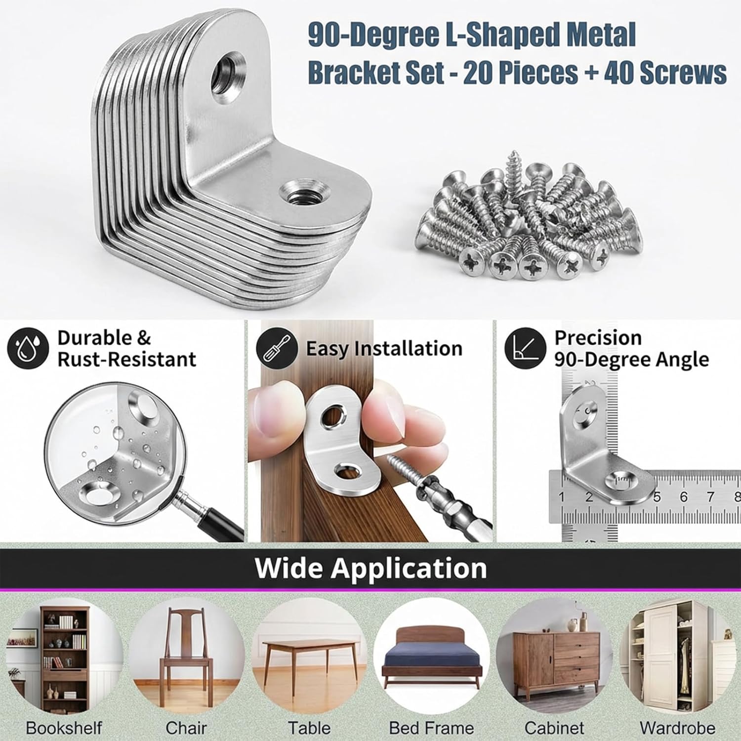 10PCS L Bracket Corner Brace Set, Stainless Steel L Brackets for Wood Shelves, 90 Degree Bracket Metal Corner Brackets for Furniture Cabinet Drawer Chair(with 20 Screws)