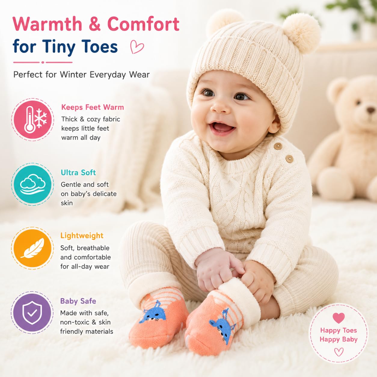 CUTEABLY Newborn Baby Girls Socks Infant Toddler Thermal Winter Warm Socks 0-1 Years, Mix Colour, Pack of 4 3